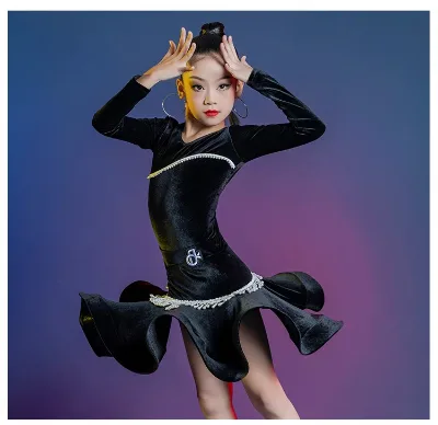 Girls Velvet Latin Dance Skirt Stage Performance Dress Black Latin Costume Wholesales