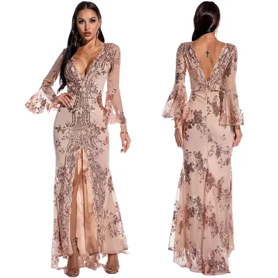 Sexy Gown Dress V Neck Long Sleeve Flower Sequin Embroidery Ladies Long Dress