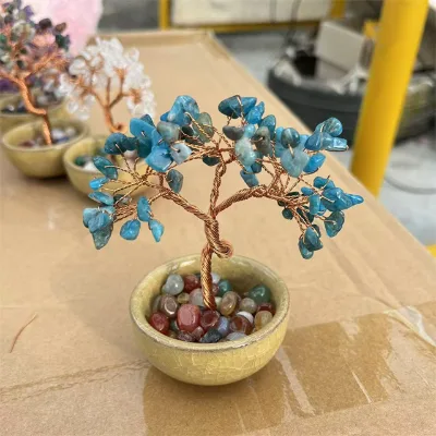 New Arrivals Feng Shui Spiritual Products with Flower Pot Natur Blue Apatite Crystal Tree for Home Decor
