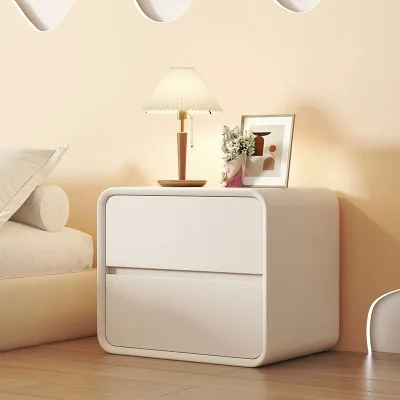 Nordic Modern Solid Wood Bedside Table Rice White Simple Lines Two Drawers for Home Hotel Classic Smart Storage Living Room
