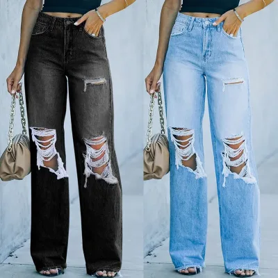 Hot Selling Fashion Ladies Wide Leg Denim Pants High Waist Jeans Destroyed Ladies Jeans Women Loose Jeans