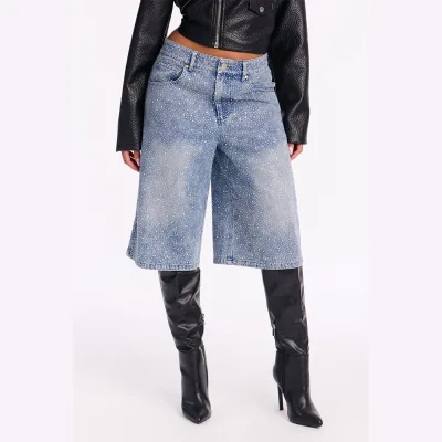 Women Rhinestone Denim Shorts Light Wash Wide Leg Bermuda Jorts Sparkling Diamante MidWaist Trousers Fashion Apparel OEM