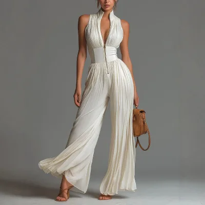 2026 New European American-Style High Solid White Pleated Halter Jumpsuit Women Long Wide-Leg Fashionable Sexy Jumpsuit