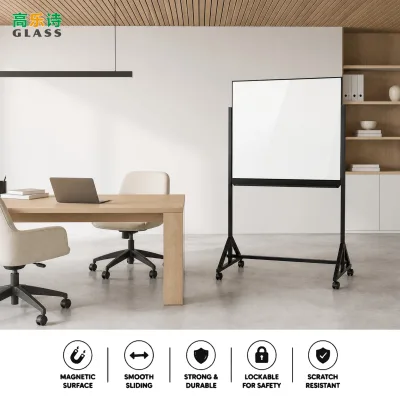 Conference Room Large Magnetic Glass Whiteboard on Lockable Casters 48x74', 120x180cm Tempered Glass Rolling Board Factory in GD