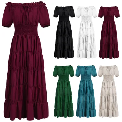 Wome Medieval Cosplay Costume Retro Dress Victorian Short Sleeve Renaissance Pirate Gothic Dress for Women Halloween Carnival
