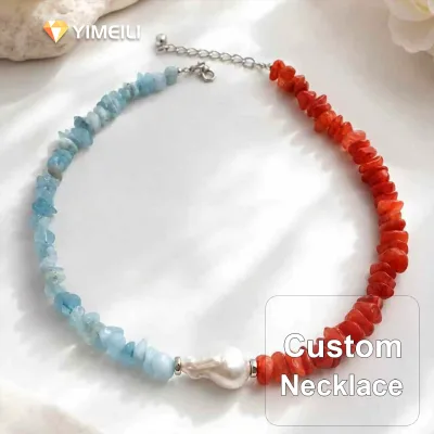 YML & Natural Aquamarine Chip Bead Strand Irregular Baroque Pearl Necklace Color-blocked Adjustable Unisex Choker Trendy Gift