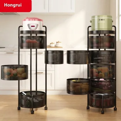 360 Degree Full Rotating Round Kitchen Storage Trolley Breathable Circular Mesh Basket Cart with Lockable Wheels
