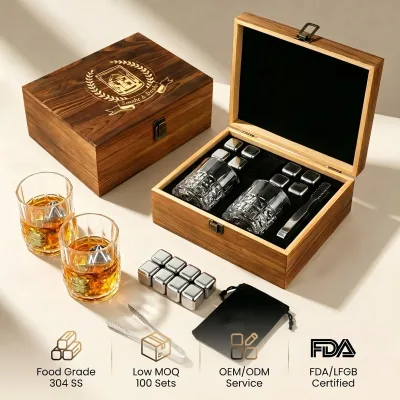 Wholesale Luxury Stainless Steel Whiskey Stones Gift Set with 2 Glasses Personalized Reusable Chilling Rocks in Wooden Box