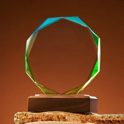 New Design Wooden Trophy with LED Light Etched Crystal Wood Award UV Printed Carving Technique