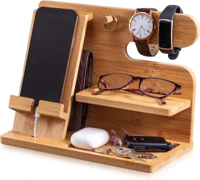 Wholesale Bamboo Wallet Display Stand Car Key Holder Wood Phone Docking Station for Men Desk Organizer Storage Rack