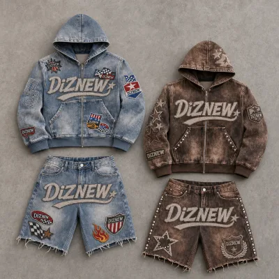 DiZNEW Vintage Y2K Heavy Embroidery Denim Set Men Streetwear Acid Wash Hooded Jacket and Distressed Shorts Two Piece Outfits