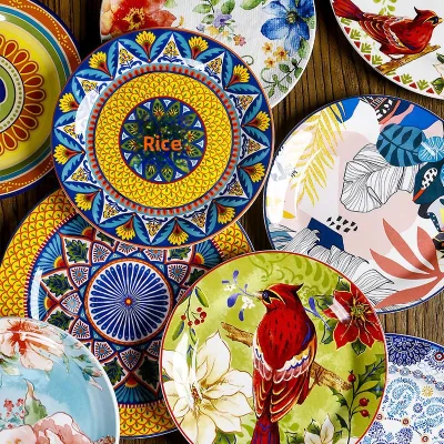 European American-style Plant Ceramic Flat Plates Microwave Safe Bohemian Style 9-inch Thai Restaurant Dinner Plates for Steak