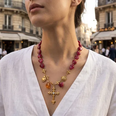 Ilona 18K Gold Plated Vintage Red Heart Beaded Cross Stainless Steel Pendant Necklace Sun Heart Amber Charms Retro Women Jewelry