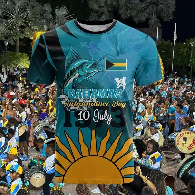 Custom Printed 10 July Bahamas Independence Day Promotion Bahamas Flag Clothes Event Shirt Full Sublimation T Shirt