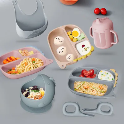 Food Grade Silicone Kids Dinnerware Set Cartoon Dinosaur Toddler Plates Bowls Forks Spoons Bib Non-Slip Feeding Supplies