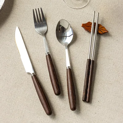 High-end Exquisitely Crafted Wooden-Handled Stainless Steel Knife Fork Spoon Chopsticks Set Minimalist Design Household