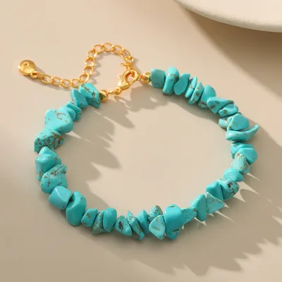 Natural Irregular Green Turquoise Chip Beaded Bracelet Unique Seaside Vacation Travel Accessory With Adjustable Size Design