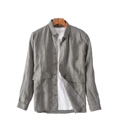 Men's Casual Linen Jacket with Long Sleeve Loose Shirt Breathable Spring Hemp Fabric for Spring and Summer