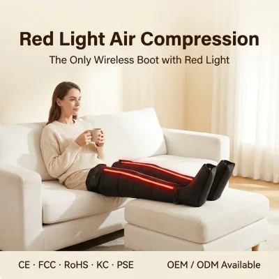Air Compression Leg Massager 660nm Red Light Wireless 5 Chamber Sequential Lymphatic Drainage Calf Foot OEM Custom CE FCC KC PSE