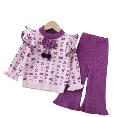 2026 Autumn and Winter Girls Casual Solid Style Two-Piece Knitted Sweater Suit New Bow round Neck Coat for Little Girls
