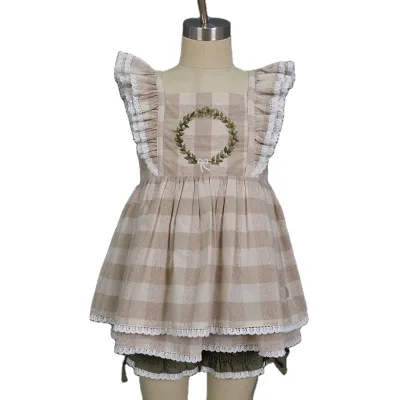RTS Girls Plaid Print Two Piece Summer Dress Set ODM Casual Cotton Short Sleeve Floral Embroidery Outdoor Dress