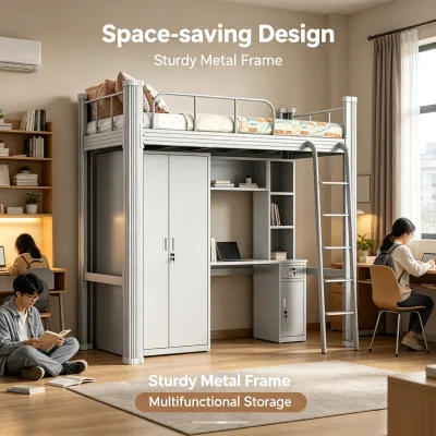 Vertical Layout Metal Bed Metal Loft bed Upper Space Utilization for Narrow Room Apartment and Hostel Room Planning