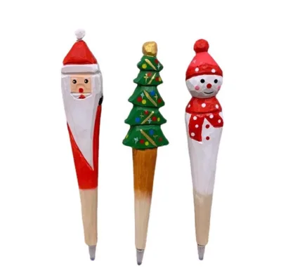 Christmas Gift Pen Wood Holiday Writing Pen Christmas Tree Santa Snowman Style Log Engraving Pen New Year Party Stationery