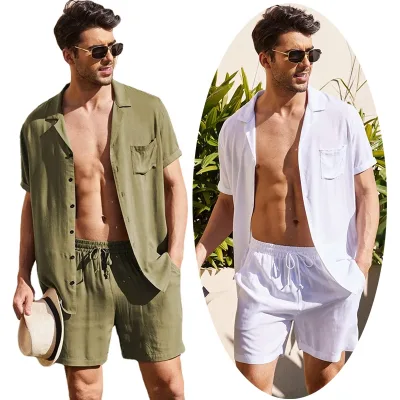 Mens Cotton Linen Two Piece Beachwear Sets White Tracksuit Matching Beach Wear Button up Shirt Sports Shorts Summer Clothes