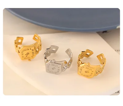 Roman Clock Cold Style Design Brass Ring Gold Plated Retro Personality Fashion Trend Style square Ring