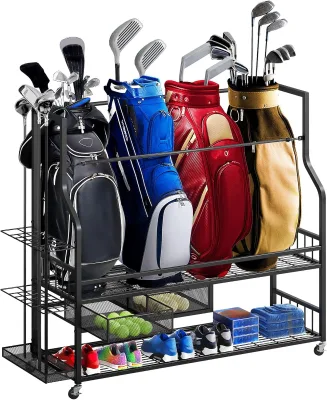Garage Golf Organizer Rack with Wheels Metal Storage Holder for Clubs and Bags Golf Equipment Accessories Storage