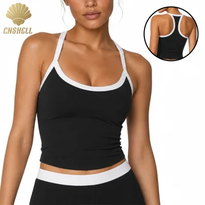 2026 Trend Black White Contrast Trim Women Sports Tank Top Built in Bra Racerback Yoga Gym Fitness Activewear Cami Shirt