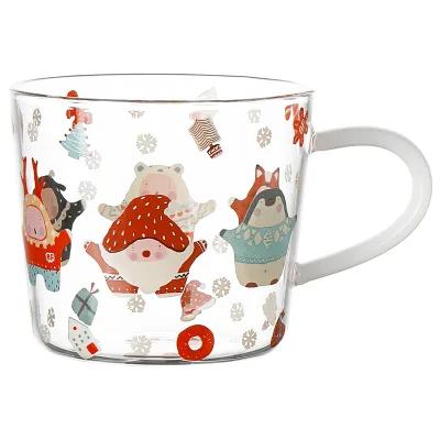 Delicate Christmas Cartoon Printed Drinking Glasses with Handle Funny Celebrate Drinkware