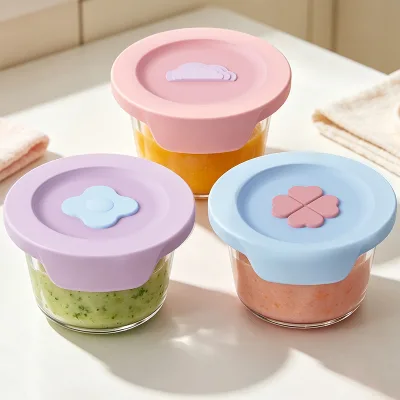OEM Custom Logo Round Glass Baby Food Container Silicone Lid BPA Free Leak Proof Reusable Infant Toddler Meal Prep Storage