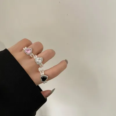 Popular New Well Design Pearl Ring Ins Style Double Layers Ring Beautiful Love-shaped Diamond Index Finger Ring