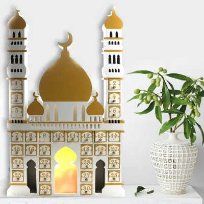 LED-Lit 30-Day Countdown Decor Ramadan Castle-shaped Black and White Moon Calendar Cabinet Ramadan Mosque Advent Calendar