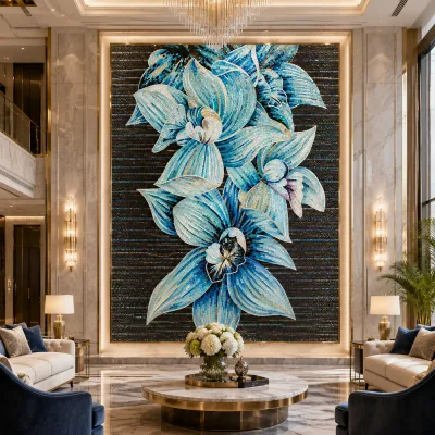 Professional Project Support Blue Flower Glass Mosaic Mural Custom Hand-cut Tile for Commercial Building Hotel Feature Wall