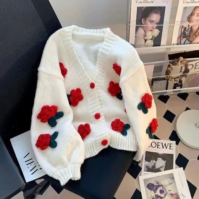 Women 3D Flower Decor Knit Cardigan V Neck Loose Long Sleeve Knitted Sweater Coat