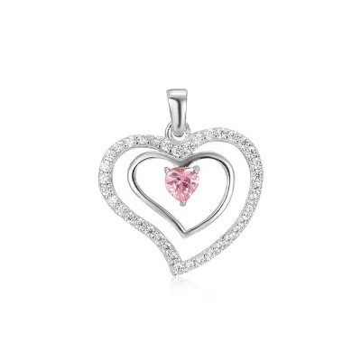 Factory New Design Double Heart Ring Pendant Charm 925 Silver With Pink Heart Shape Zircon