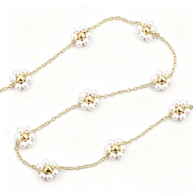 Wholesale PVD 18K Gold Stainless Steel Cable Ball Chain French Style Imitation Pearls Flower for Bracelet Necklace Jewelry