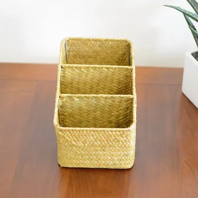 Seaweed-woven Storage Baskets for Home Office Desk Organization Divided Storage Baskets for Organizing Items.