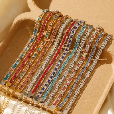 Waterproof 18K Gold Stainless Steel Tennis Bracelet Multicolor Colored Rhinestone Crystal Zircon Curb Link Chain Bracelet