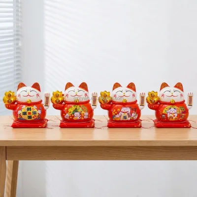 Battery Operated Maneki Neko 8 Inch Prosperity Calligraphy Feng Shui Business Decoration with Waving Hand for Office Desk