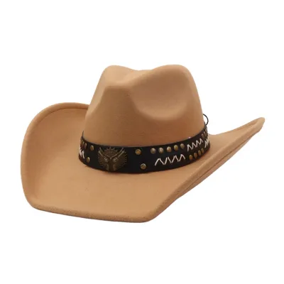 Wholesale Unisex Felt Western Cowboy Hats with Metal Cow Head Belt Fedora Hat Casual Out Door