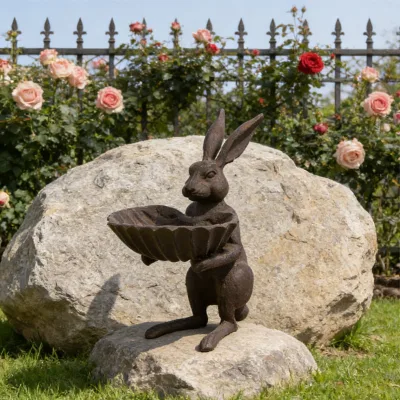 Cast Iron Rabbit Wild Bird Feeder Garden Decoration Seed Bowl