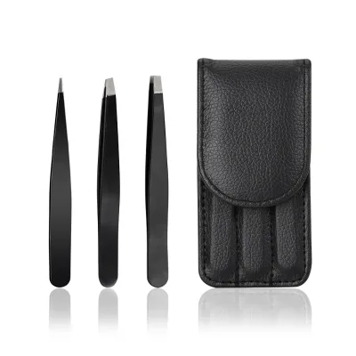3pcs 4pcs Black Pink Slanted Pointed Eyebrow Eyelash Extension Tweezers Set With PU Bag