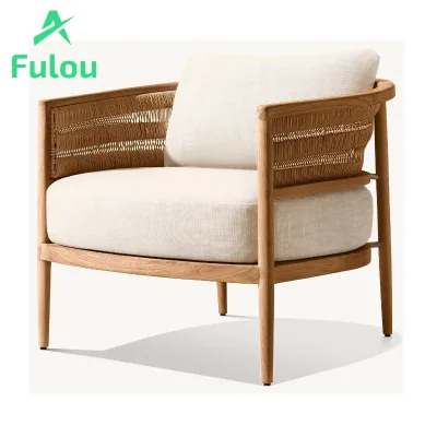 Indoor/Outdoor Teak Wood Lounge Armchair Rattan Rope Wicker Garden Chair Living Room Bedroom Hall Courtyard Villa Farmhouse