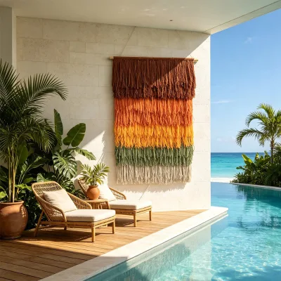 Factory Direct Handmade Bohemian Coastal Tassel Tropical Sunset Color Block Fringe Woven Wall Sculpture or Caribbean Resort