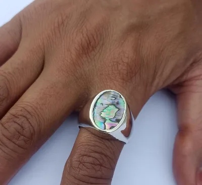 Handmade Natural Abalone Shell Gemstone Ring With Solid 925 Sterling Silver : Mother of Pearl Statement Ring ;Signet Man Ring