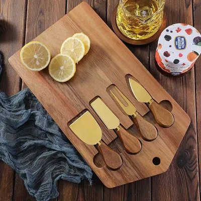 4-Piece Acacia Cheese Board Set with Stainless Steel Tools Deluxe Deli Board Cheese Knife Set
