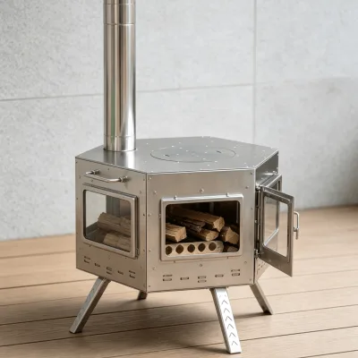 360° View Hexagonal Stainless Tent Stove Multi Glass Window Portable Wood Stove Foldable Stand for Winter Camping Glamping